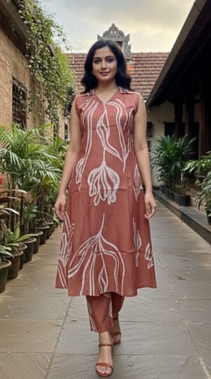 Rust Brown Abstract Floral Rayon Co-Ord Set
