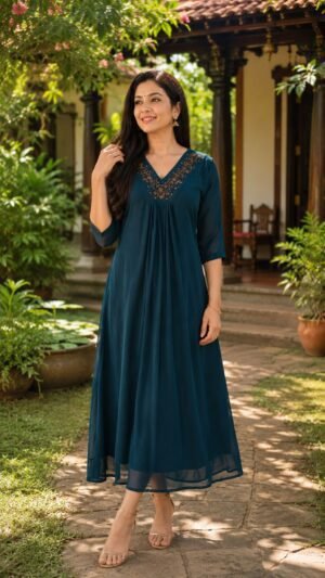 Deep Teal Georgette Handwork A-Line Kurti