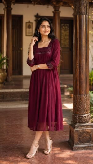 Wine Maroon Georgette Flared Kurti