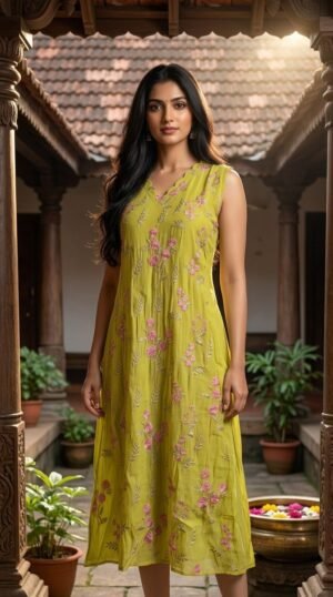 Lime Green Mul-Chanderi Silk A-Line Kurti