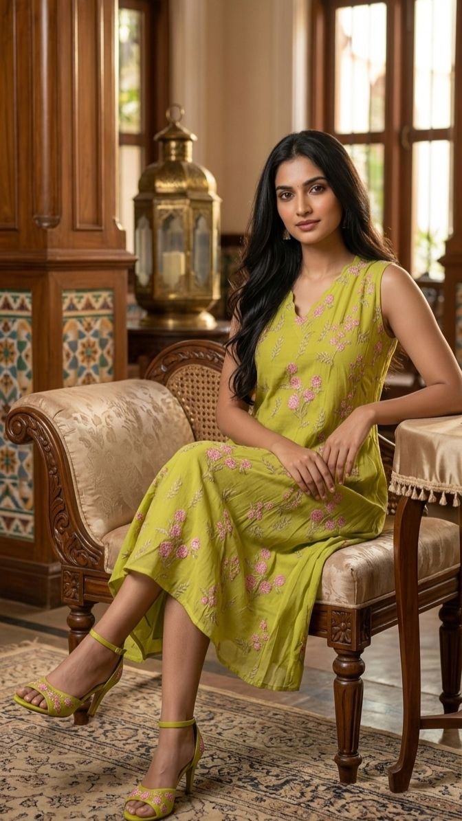 Lime Green Mul-Chanderi Silk A-Line Kurti - Image 2