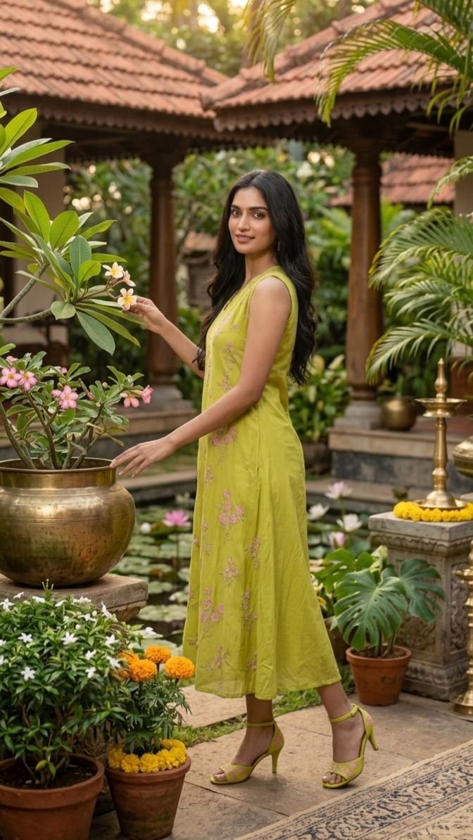 Lime Green Mul-Chanderi Silk A-Line Kurti - Image 4