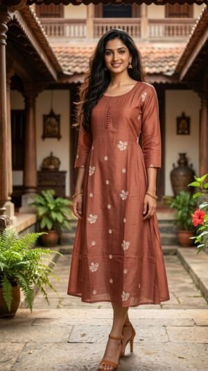 Rust Terracotta Mul-Chanderi silk A-Line Kurti