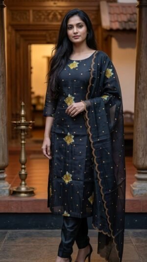 Midnight Black Mul-Chanderi Silk 3-Piece Set