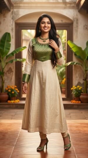 Tissue A-Line Kurti with Embroidered Yoke