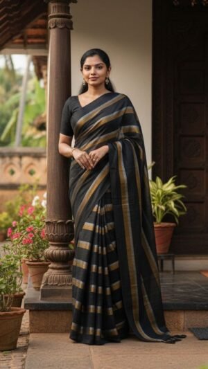 Premium Mul Cotton Saree – Black & Brown