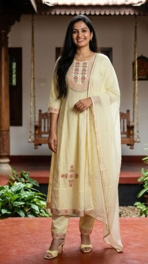 Pastel Yellow Schiffli Cotton 3-Piece Set