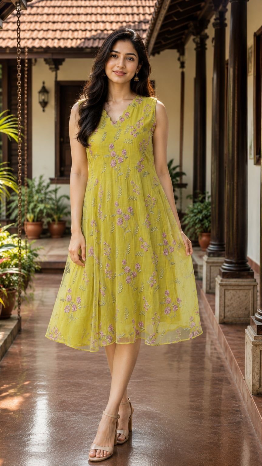 Lime Green Mul-Chanderi Silk A-Line Kurti - Image 3