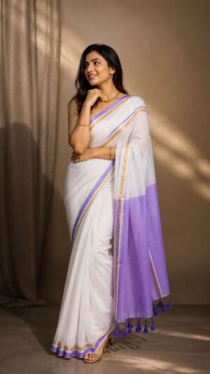 Premium Mul Cotton Saree in White with Lavender