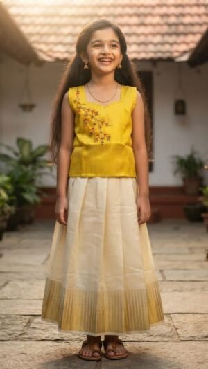 Girls' Kerala Cotton Kasavu Pattu Pavada Set