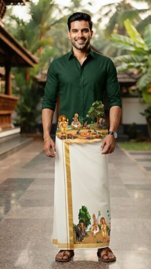 Men's Green Shirt & Kasavu Double Dhoti Set