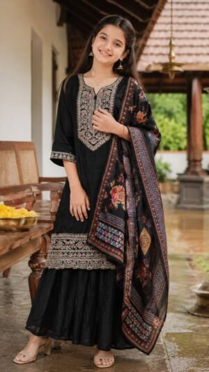Black Vatican Silk 3-Piece Sharara Suit Set